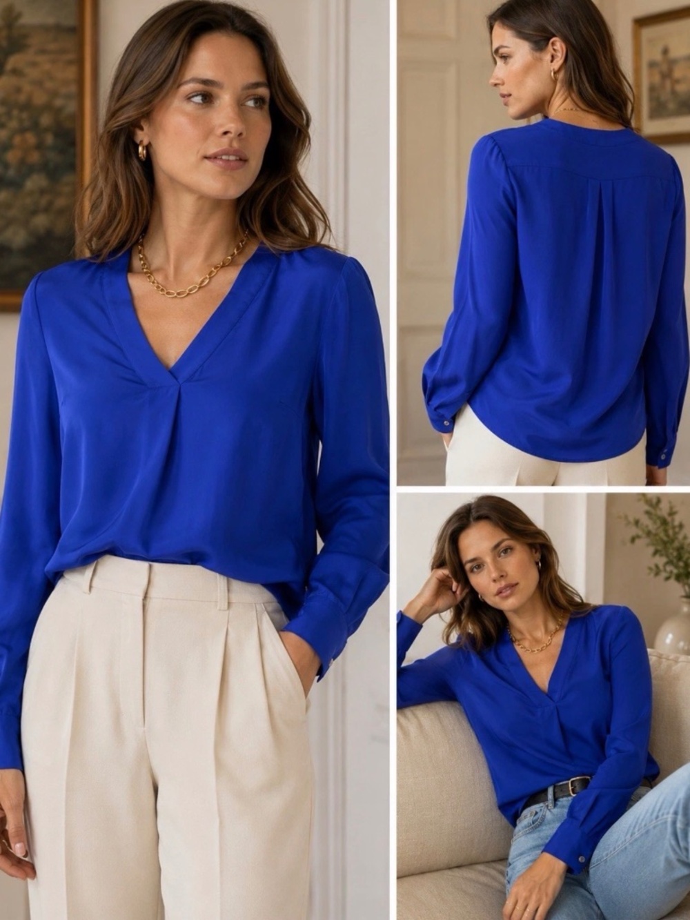 J Crew Women’s Cobalt Blue 100% Silk Longsleeve Blouse 4 Quiet Luxury Old Money